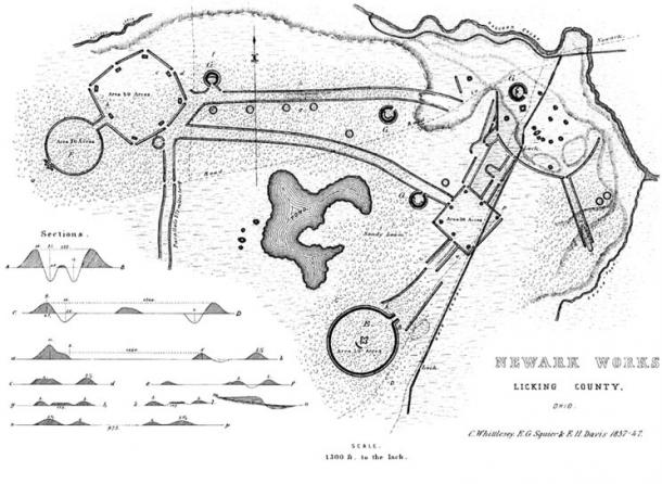A 19th century engraving showing the layout of the Newark Earthworks in Licking County, Ohio 