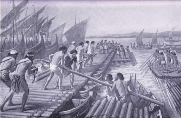 Construcción del puente de barcos Xerxes (dominio público)