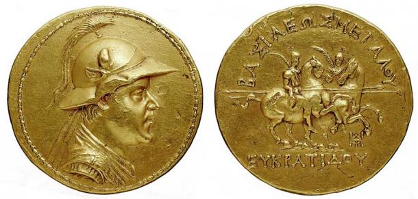 A gold 20-stater of Eucratides (the last important king of Greek Bactria), the largest known gold coin from antiquity. The coin weighs 169.2 grams (6 ounces) and has a diameter of 58 millimeters (2.3 inches). It was originally found in Bukhara, Uzbekistan, which was part of Bactria at the time. (Eucratides I / CC0)