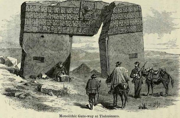 La Puerta Monolítica del Sol en Tiahuanaco en Bolivia, dibujada por Ephraim Squier en 1877. (Dominio público)