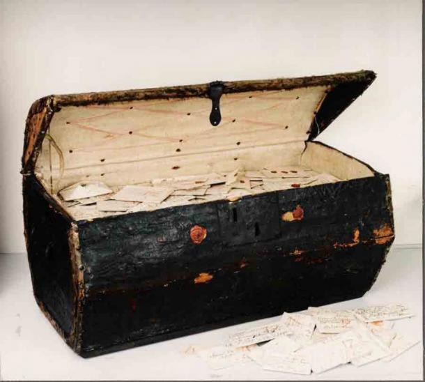 Brienne trunk: a seventeenth-century trunk of letters, now known as the Brienne Collection, bequeathed to the Dutch postal museum in The Hague. (Unlocking History Research Group)