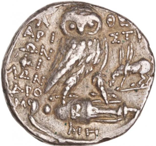 Figure 2 (Rev) Owl r., head facing, wings closed, on prostrate amphora; in field r., Pegasus drinking 1.  ΑΘΕ, ΑΡΙΣΤΙΩΝ, ΦΙΛΩΝ, ΘΕΟ: all enclosed in olive-wreath. (Numismatics)