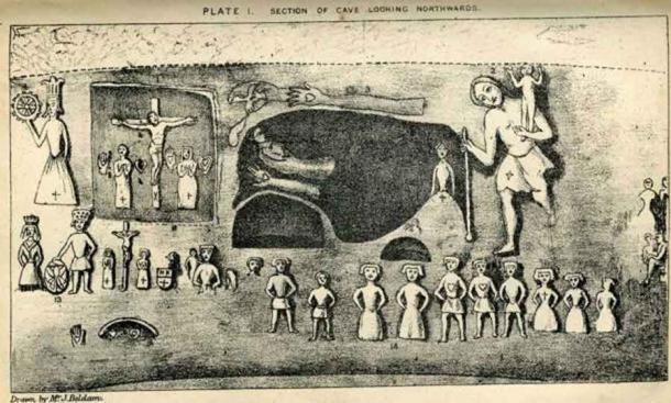 Plate I from Joseph Beldam's book The Origins and Use of the Royston Cave, 1884 showing some of the numerous carvings. (Public domain)