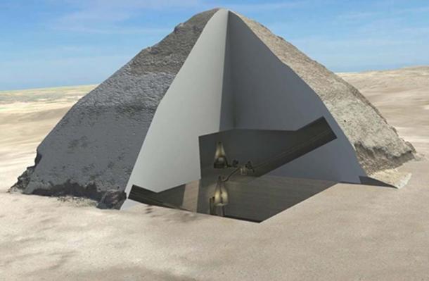 A 3-D cutaway showing the inside of the Pyramid of Sneferu.