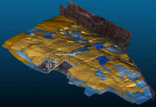 3-D scans are used to document and analyze the many layers of flooring (yellow) and layers of soil (blue) from the Viking age houses. In the cut out area loom weights and other larger object can be seen in situ on the floors. (Sarah Croix)