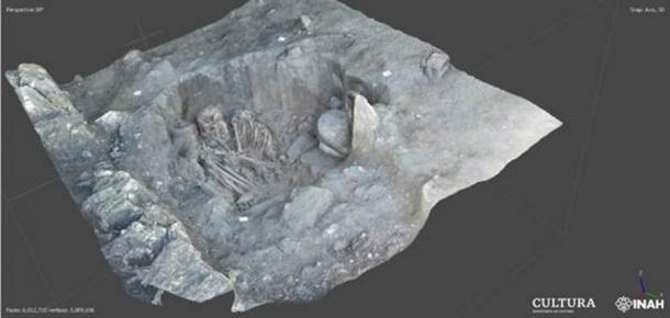 La imagen en 3D de los restos y objetos funerarios encontrados en el Tramo 1 del tren maya arroja luz sobre la ocupación prehispánica de Tenosique, Tabasco. (INAH)