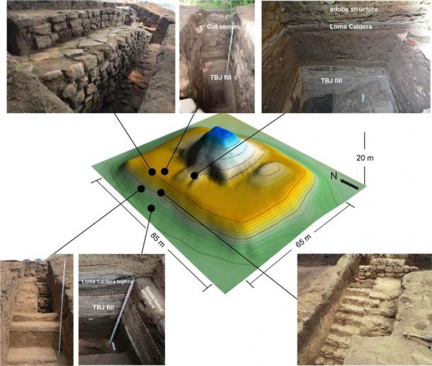 Plano en 3D de la estructura de Campana, que muestra dónde se realizaron las excavaciones que descubrieron la pirámide de piedra maya y la evidencia de la erupción de Tierra Blanca Joven en El Salvador en el año 539 d.C. (A. Ichikawa / Antiquity Publications Ltd)