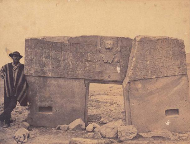 1877 image of the Tiahuanaco Sun Gate in Bolivia. (Public domain)
