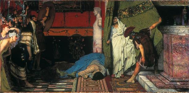In AD 41, the debauched Roman Emperor Caligula was murdered. Gratus, a member of the Praetorian, draws a curtain aside to reveal the terrified Claudius who is hailed as emperor on the spot. (Lawrence Alma Tadema / Public domain). Caligula reigned for around 4 years.