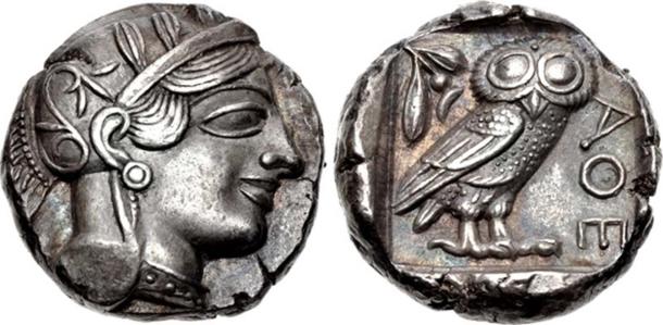 454-404 BC Attica, Athens. Tetradrachm. Helmeted head of Athena right / ΑΘΕ, owl standing right; olive-sprig and crescent above. (Classical Numismatic Group, Inc