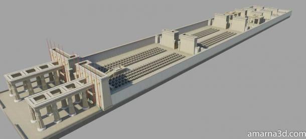 When Pharaoh Akhenaten moved from Karnak to build his new city and Aten cult at Amarna, the first thing he built was the Great Temple of the Aten, where the new cult god could be worshiped in the open air, as the temple had no roof. (amarna3D)