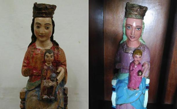 500-year-old Virgin and Child statue has been ‘brightened up’ with industrial enamel. (Image: El Comercio)