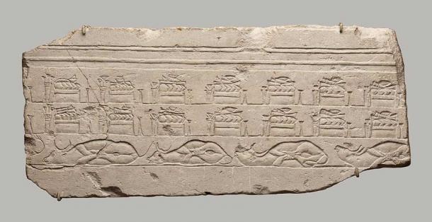 Excavated in the Great Temple of Amarna, probably in the area of the sanctuary or the dump to the south of the sanctuary, this talatat depicts offerings in the temple. (TheMet)