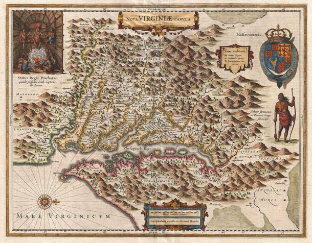 Un mapa de Virginia de 1630; escrito en el medio está el nombre 