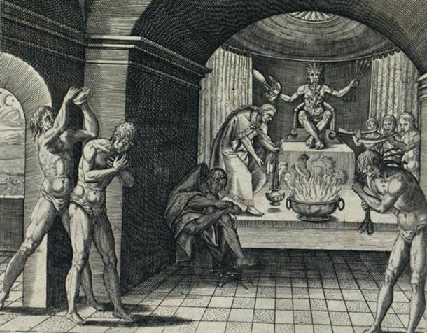 A European depiction of an Aztec temple, from ‘Americae, nona et postrema pars’ (1602). () An image of Huitzilopochtli is seen in the background. (Public Domain)