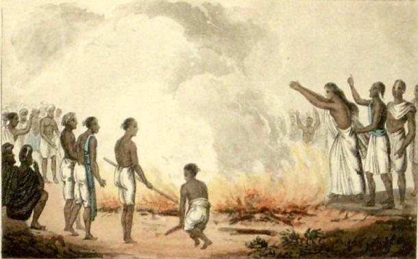 A Hindu widow burning herself with the corpse of her husband, 1820s, by English illustrator Frederic Shoberl. (Public Domain)