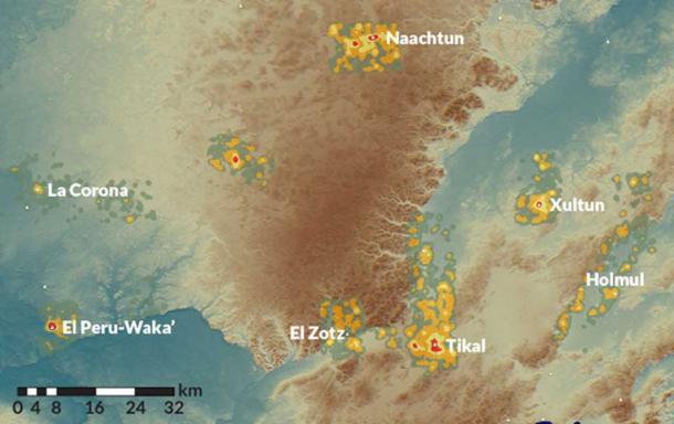 A LIDAR map portrays population densities at La Corona and nearby Classic Maya sites. Red denotes areas with the greatest number of inhabitants. La Corona and sites such as El Peru-Waka’ and Holmul were incorporated into a kingdom that conquered powerful Tikal in 562. (Marcello Canuto, Luke Auld-Thomas, PACUNAM)