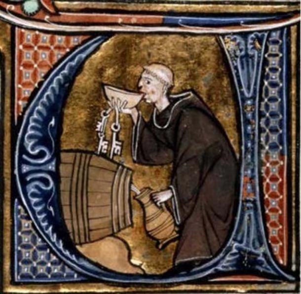 A Monk Cellarer tasting wine from a barrel, Li Livres dou Santé, (13th Century manuscript), France.