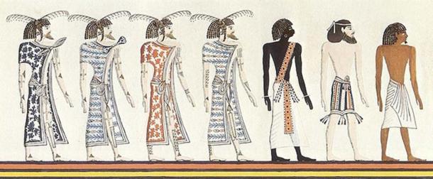 A Nubian, a Syrian, and an Egyptian, drawing by an unknown artist after a mural of the tomb of Seti I; Copy by Heinrich von Minutoli 1820. Note that the skin shades are due to the 19th century illustrator, not the Ancient Egyptian original. (Nard the Bard / Public Domain)