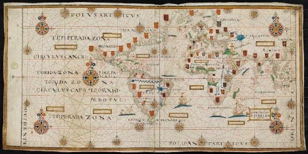 A Portuguese map of the world from 1573, showing Portuguese and Spanish territories of the New World.