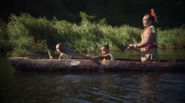 A Wampanoag dugout canoe as fashioned by modern natives (Scholastic YouTube screenshot)