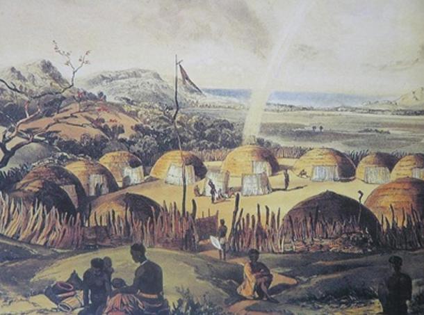 A Zulu kraal. (1849). Shaka and his mother Nandi reportedly were banished from their kraal by Shaka’s father.