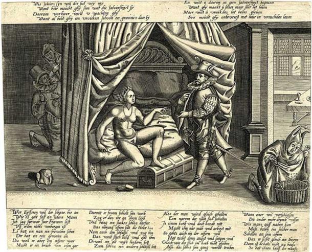 A caricature on the ultimate ineffectualness of chastity belts. (Handcuffed / Public Domain)