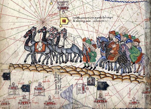 A close up of the Catalan Atlas depicting Marco Polo traveling to the East during the Pax Mongolica. (Public Domain)