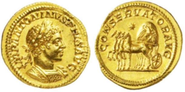 Figure 6. A coin of Emperor Elagabalus, showing the Elagabal omphalos stone placed in a chariot. Note the stone has the emblem of the Phoenix embossed upon it, which demonstrates that this was a Sun-stone (possibly a meteorite). (Photo credit: Forum Ancient Coins.)