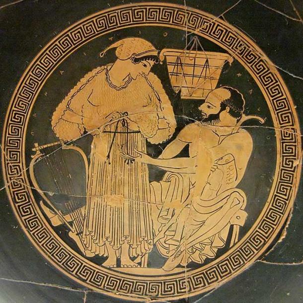 A courtesan ties up her himation (long garment) again while her middle-aged client watches. The lyre show her to be a musician called for a banquet. Interior from an Attic red-figured kylix, ca. 490. From Vulci. (Public Domain)