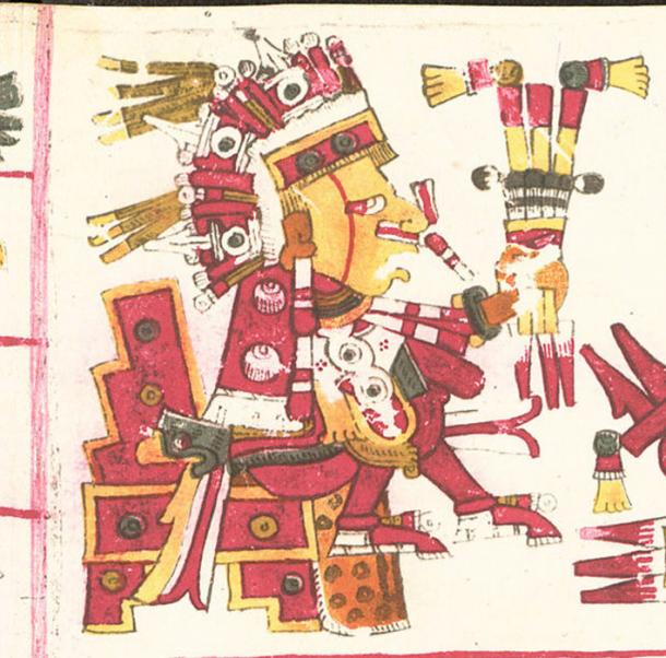 en tegning af KIPe Totec, en af de guddomme, der er beskrevet i kodeksen Borgia. (Public Domain)