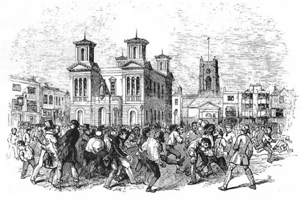 A football game between Thames and Townsend clubs, played at Kingston upon Thames, London, 1846. (Public Domain)