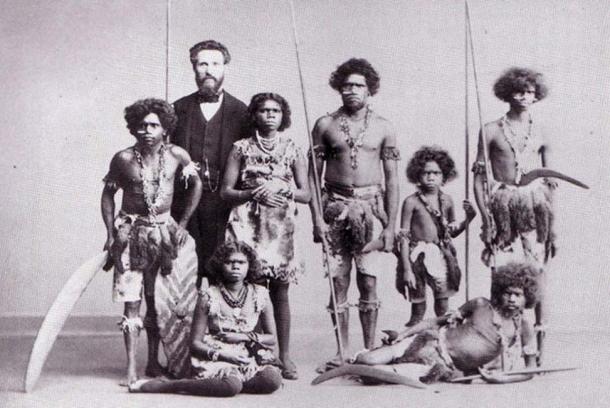 A group of Aboriginals captured in Australia and put on tour throughout Europe and America in the PT Barnum & Bailey circus shows of ‘human curiosities’, where they were portrayed as fierce savages and cannibals (public domain)