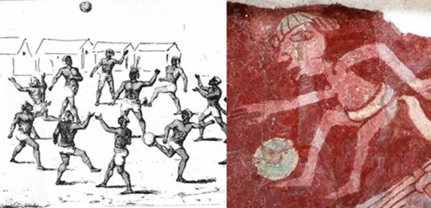 (Left) A group of aborigines playing football in Guiana. (Public Domain); (Right) Paint of a Mesoamerican ballgame player in Teotihuacan. (CC BY 2.0)