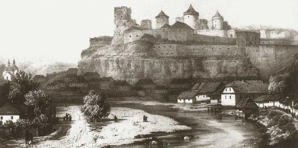 A lithograph depicting the Kamianets-Podilskyi castle walls with a settlement underneath, which still exists today.