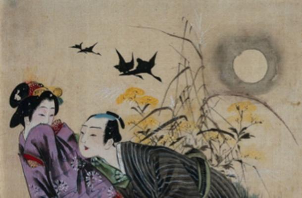 A man seducing a woman beneath an autumn moon. Shun-ga in the style of the Meiji period. (Fæ / Public Domain)