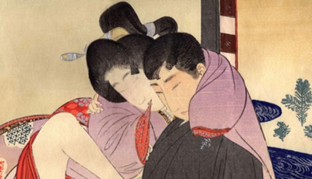 A man with a Western-style haircut makes love to a woman in traditional Japanese dress in this Meiji period shun-ga print. (Materialscientist / Public Domain)