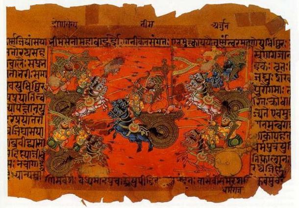 A manuscript illustration (18th c.?) of the Battle of Kurukshetra, fought between the Kauravas and the Pandavas, recorded in the Mahabharata Epic. (Public Domain)