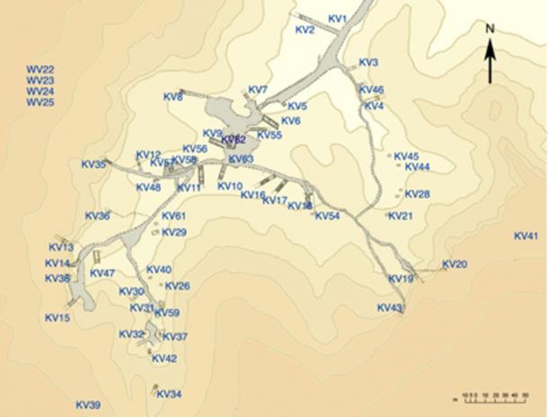 Un mapa del Valle de los Reyes con las ubicaciones de las tumbas marcadas, la Tumba de Tutankamón es KV62.  (GDK / Dominio público)