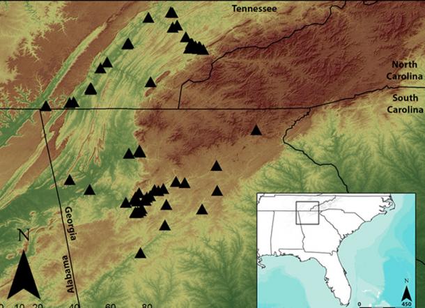 A map of the southern Appalachian region, with the archaeological sites used in this study indicated. The sites are spread across both eastern Tennessee and northern Georgia and date to the period between 800 and 1650 AD. (Jacob Lulewicz / Washington University in St. Louis)