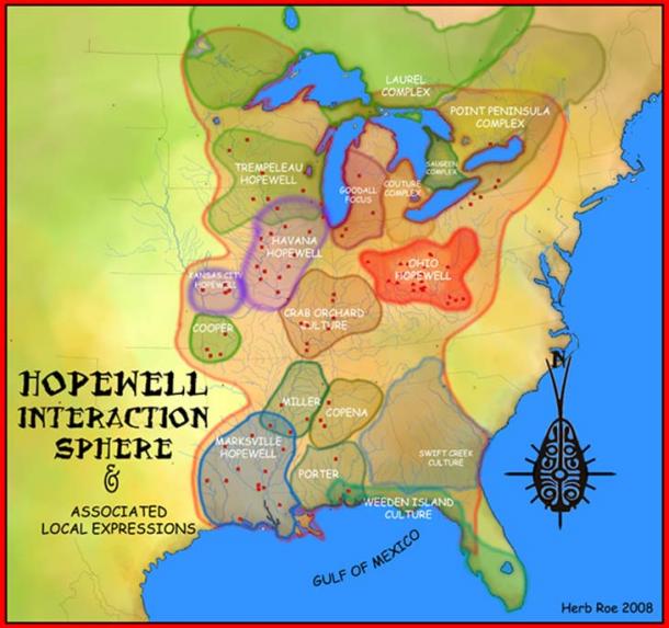 A map showing the Hopewell Interaction Sphere and various local expressions of the Hopewell cultures.