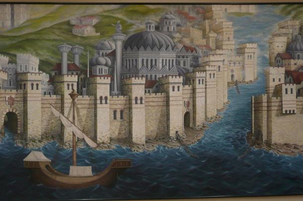 Un mural de las murallas y la aguja o cadena que cruza la boca del puerto, todo parte de la formidable defensa de Constantinopla. Al final, los otomanos los derrotaron a todos. (CC POR SA 3.0)