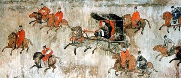 A mural showing chariots and cavalry, from the Dahuting Tomb of the late Eastern Han Dynasty (25-220 AD), located in Zhengzhou, Henan province, China. (Public Domain)