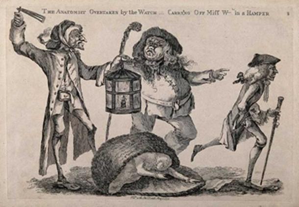 A nightwatchman disturbs a body snatcher who has dropped the stolen corpse he had been carrying in a hamper, while the anatomist, William Hunter (1718-1783), runs away. Etching with engraving by W. Austin, (1773) (Wellcome Images / CC BY-SA 4.0)