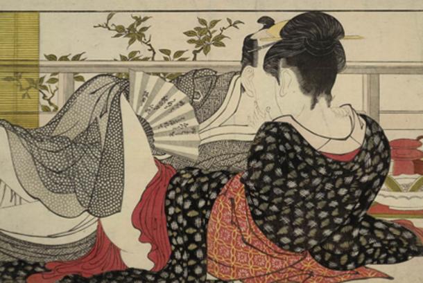 A page from the erotic shun-ga book Utamakura. Source: Curly Turkey / Public Domain.