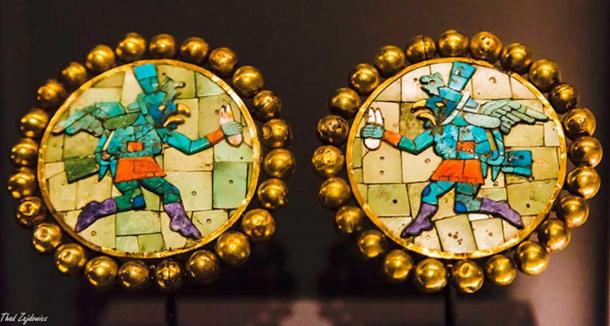 A pair of ear ornaments from Peru (Moche), ca. AD 200-600 Gold; shell; stome (turquoise or malachite) The Getty Center in Los Angeles, California. 