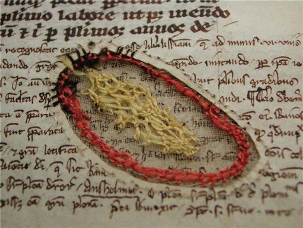 A parchment hole in a manuscript which was repaired using embroidery. Circa 1417. It is currently in University Library, Uppsala, Sweden.