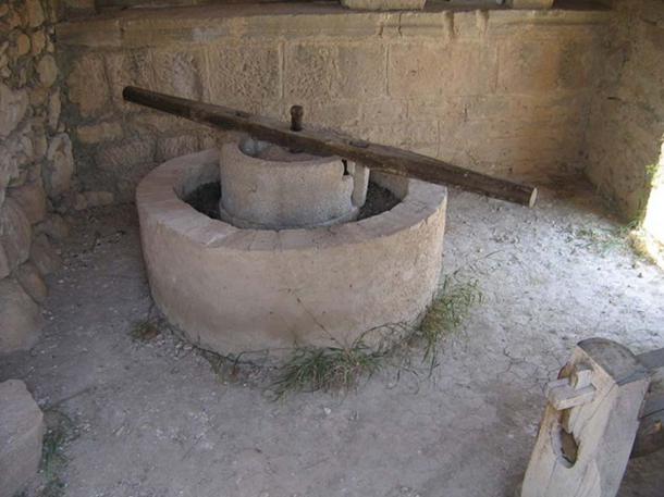 A reconstructed Roman olive press in Volubilis.