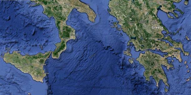 A satellite image of the Ionian Sea.