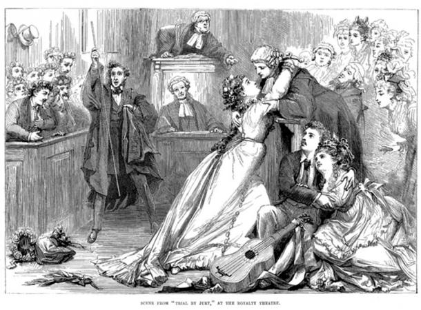 A scene from Trial by Jury as illustrated in the magazine Illustrated Sporting and Dramatic News of 1 May 1875. (Public Domain)